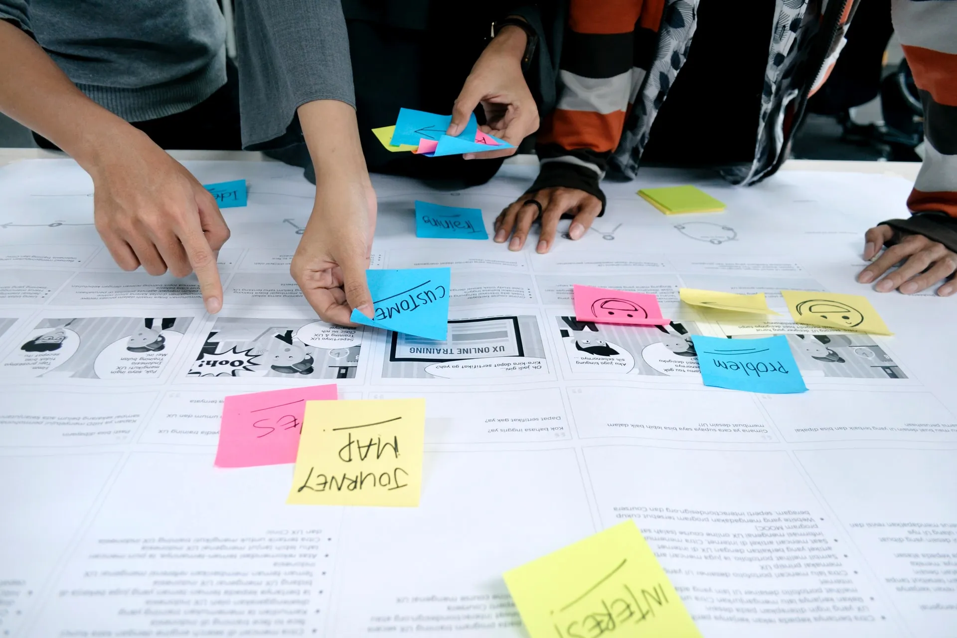 A user journey being planned with post-it notes
